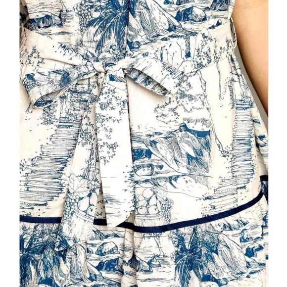 NWOT Umgee Blue Toile Print
Puff Sleeve Ruffle Mini Dress~Tie Waist ~Small - Picture 3 of 4